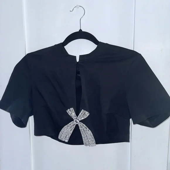 AKIRA Black Embellished Crop Top with Mandarin Collar - Picture 2 of 5